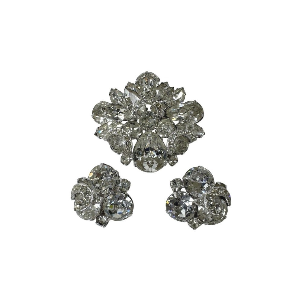 Vintage Eisenberg Rhinestone Brooch &‎ Earring 3 Piece Set Demi Parure